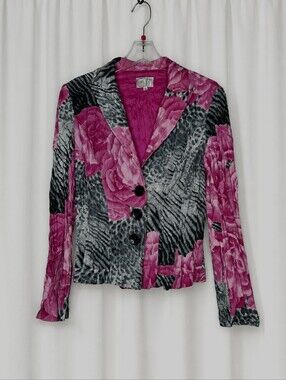 Alberto Makali Y2K Pink Floral Animal Print Accordion Crinkle Boutique Blazer